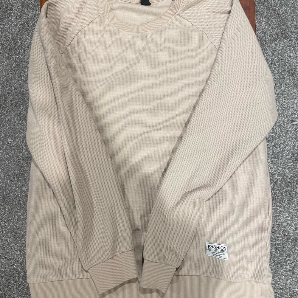 Tan Crewneck Sweater with Ribbed Cuffs
